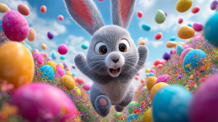  A cute 3D-rendered Easter bunny joyfully running through a vibrant spring field filled with colorful decorated eggs. Perfect for Easter-themed designs, greeting cards, and holiday promotions.