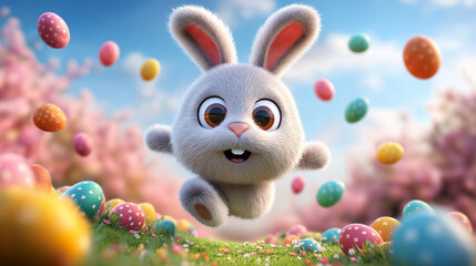  A cute 3D-rendered Easter bunny joyfully running through a vibrant spring field filled with colorful decorated eggs. Perfect for Easter-themed designs, greeting cards, and holiday promotions.