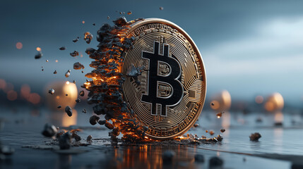 Close up of golden bitcoin coin. Digital cryptocurrency virtual money. Blockchain modern technology. P2P bitcoin network. BTC logo. Mining and investment concept