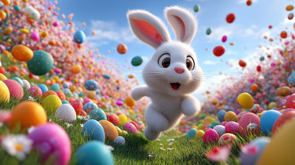  A cute 3D-rendered Easter bunny joyfully running through a vibrant spring field filled with colorful decorated eggs. Perfect for Easter-themed designs, greeting cards, and holiday promotions.