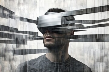 A man wearing a VR headset, immersed in a digital world of fragmented lines and shapes.