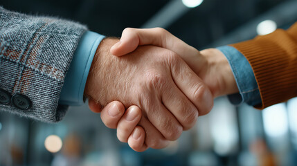 Close-up view of a professional handshake between two businessmen wearing formal suits. The background features a modern office environment with a corporate atmosphere. partnership, business agreement