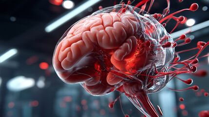 Realistic 3D visualization of a human brain with red blood vessels on a futuristic background. Concept related to neuroscience, medicine, artificial intelligence, and scientific innovation