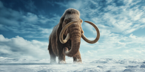 Woolly mammoth standing in icy snow-covered terrain under a bright blue sky with clouds, realistic prehistoric animal representation in frozen tundra environment