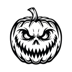 Stylized Halloween Pumpkin with Angry Expression, Isolated on White Background Ink Style