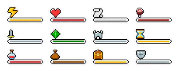 8 bit loader process status, Pixel loading progress bars. 8-bit game indicators, gauges: health, stamina, experience, money, energy, weapon, protection, magic, life, power levels.