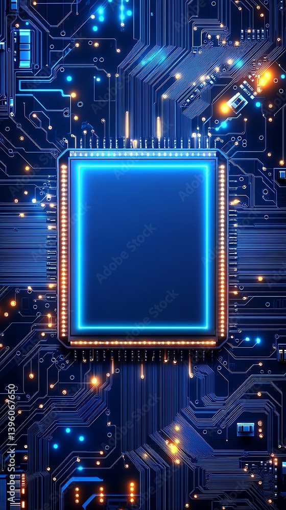 Aufkleber Close-up view of a detailed computer chip surrounded by advanced circuitry and vibrant electronic patterns : Generative AI