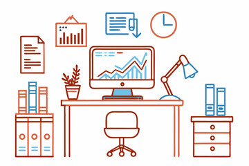 Data analyst workplace image. Outline flat vector illustration