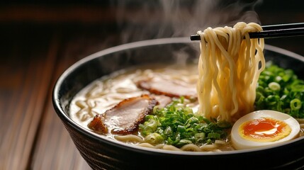   A bowl of ramen with chopsticks protruding and an egg perched atop it