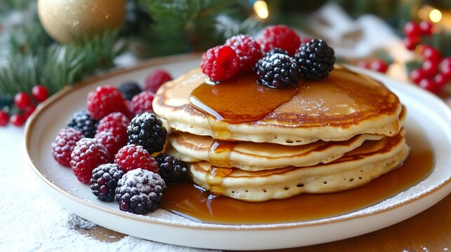 Christmas morning breakfast warm plate of pancakes with maple syrup fresh berries and a cozy holiday table setting