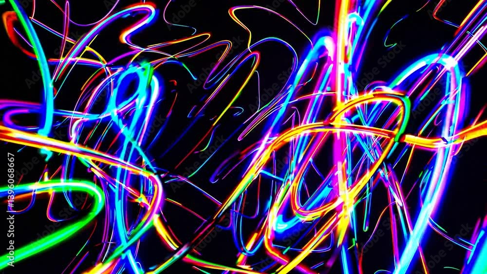 Poster luminous neon lines dynamically streaking, swirling, and dancing against dark backdrop, creating mes