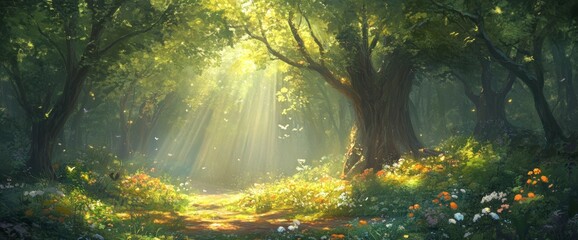 Sun Rays Shining Through Forest Path with Flowers and Butterflies