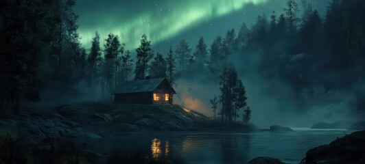A remote cabin with an aurora illuminating the surroundings