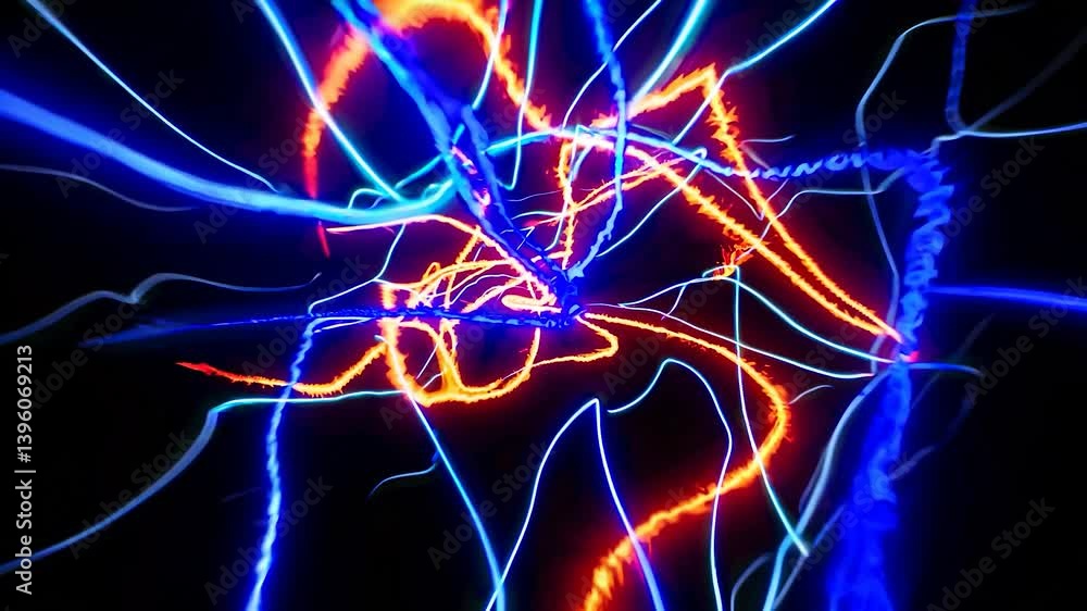 Poster abstract light trails forming complex and evolving shapes against a dark backdrop, creating a visual