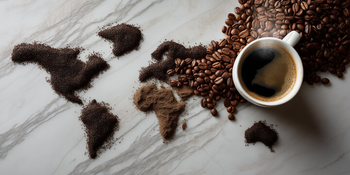 coffee world map made from grounds and beans with cup of coffee