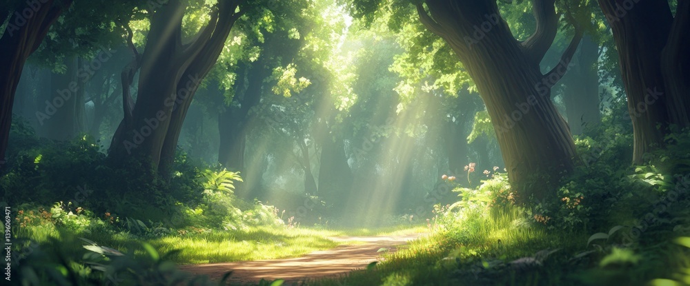 Poster walking path through forest with sunlight streaming through the trees