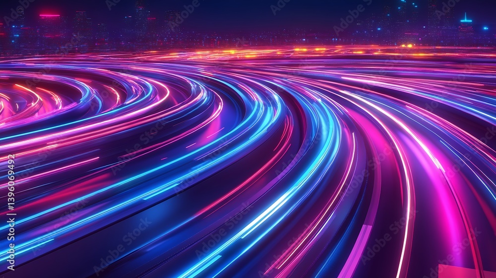 Leinwandbilder A mesmerizing view of illuminated streaks of light forming dynamic patterns on a city road at night showcasing movement and energy : Generative AI