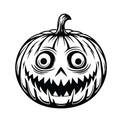 Creepy Pumpkin Black and White Silhouette with Spooky Eyes and Jagged Teeth Isolated