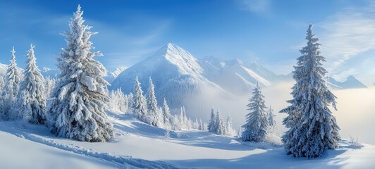 Naklejka premium A snowy mountain landscape with frost-covered trees