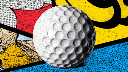Comic Golf Ball: A dynamic image of a golf ball in a comic style with a vibrant background of comic-book effects. The image captures the energy of the game and excitement of the sport.