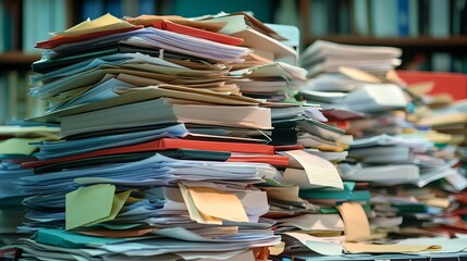 A large stack of disorganized papers and documents piled high on a surface with books in background