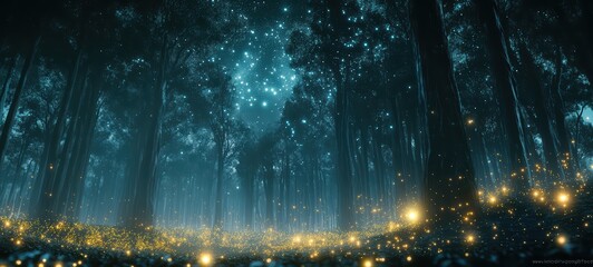 A starry sky above a forest with glowing elements below