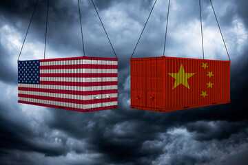 Concept of trade confrontation between China and USA. The landing of containers with US and Chinese...
