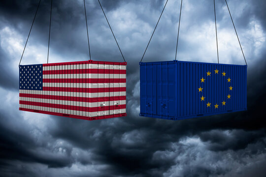 EU Tariffs and European Union tariff trade war with the United States as a Europe USA economic dispute and American financial disagreement over import and exports.
