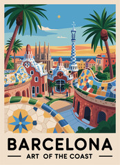 Barcelona, Spain travel destination poster in retro style. Colorful vector art illustration