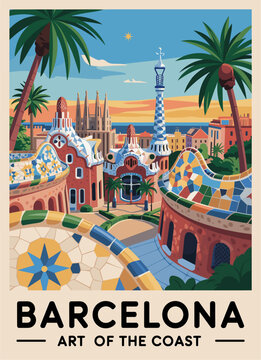 Barcelona, Spain travel destination poster in retro style. Colorful vector art illustration