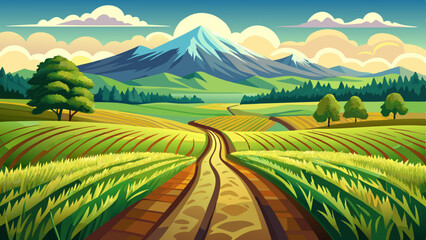 Tractor tracks in the rich green grain farm field leading towards a beautiful distant Irish mountain peak. Agricultural summer scene in the Wicklow