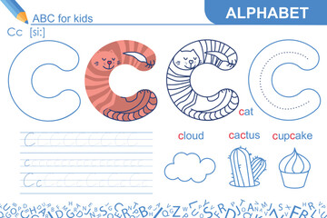 Letter C. Alphabet. Fun ABC for kids. Learning English. Cat. Writing practice and coloring task. Worksheet for school or home. Sketch vector illustration