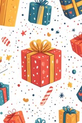 Festive gift box pattern with colorful designs and holiday decorations on white