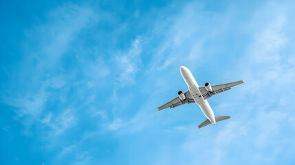 Obraz premium Airplane Flying High Above Bright Blue Sky