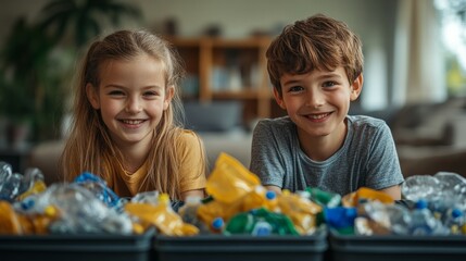 Fototapeta premium A family sorting recyclable materials at home