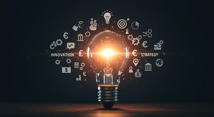 A business concept coming to life — floating icons of finance, innovation, and strategy around a glowing lightbulb