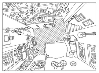 Coloring page. Teenager room interior with furniture and home objects. Cozy children room. Linear sketch vector illustration.