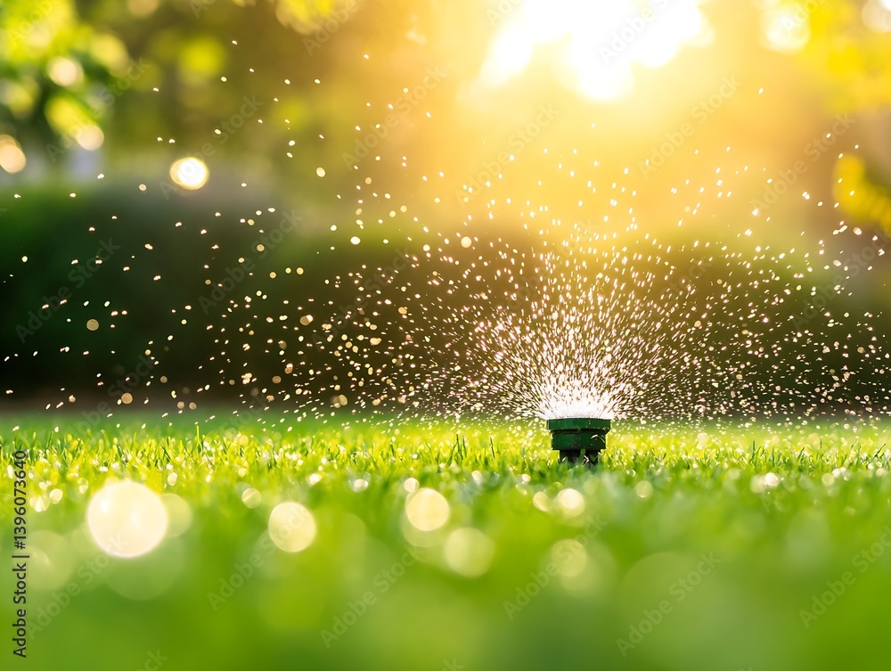 Poster vibrant garden scene with sprinkler creating dazzling water droplets under soft sunlight : generativ