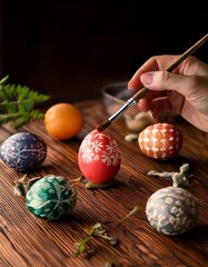 Painting Easter eggs. Woman's hands paint eggs for Easter day. Preparing for Easter.