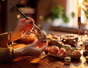 Painting Easter eggs. Woman's hands paint eggs for Easter day. Preparing for Easter.