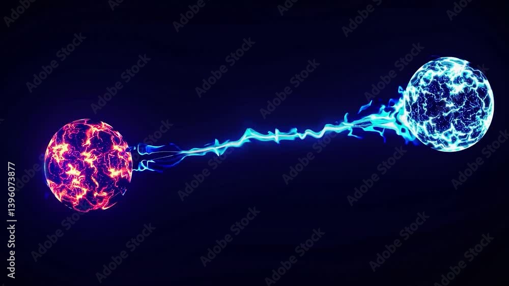Poster pulsating energy dynamically transferring between fiery and icy spheres, creating continuous etherea