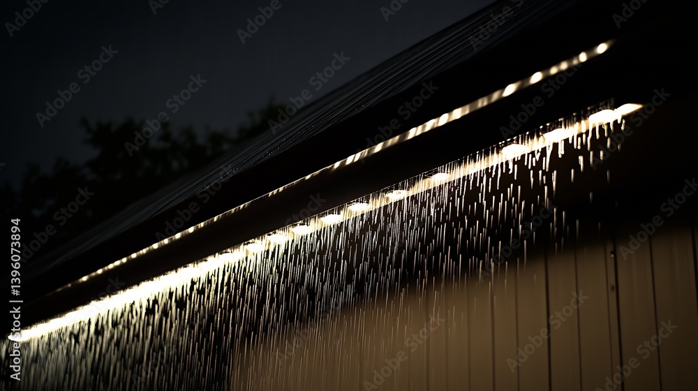 Aufkleber captivating close-up of rainwater cascading off a modern rooftop with ambient lighting effects : gen