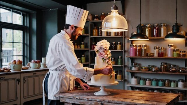Professional baker decorating a three-tiered wedding cake with pink and white flowers, adding a final touch to the elegant dessert in a cozy, rustic kitchen