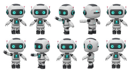 A charming collection of friendly robots showcasing various playful poses against a clean white background.