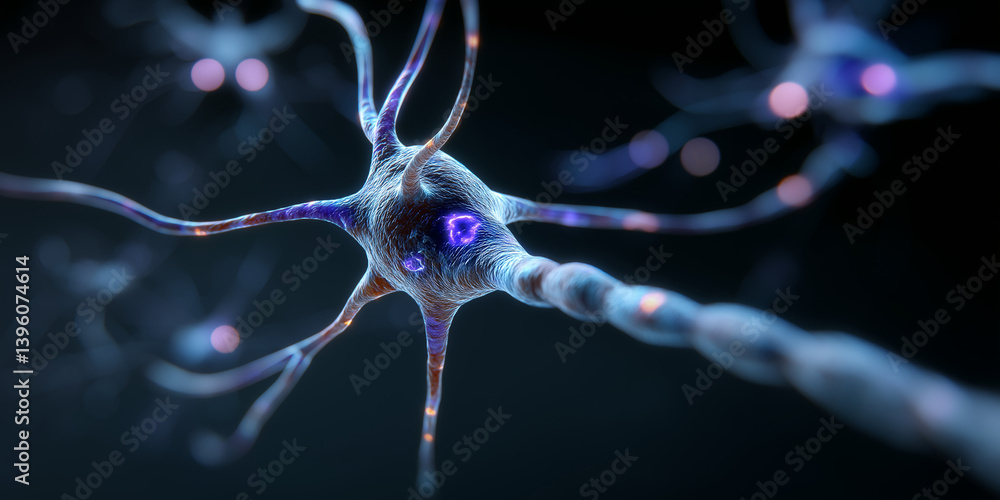 Poster close-up of neuron with glowing signals in dark background