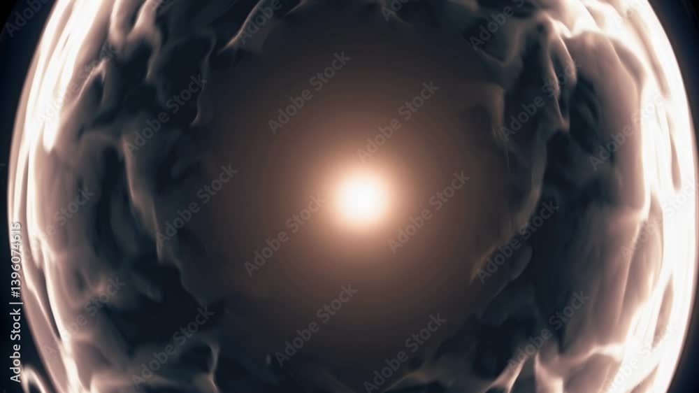 Poster luminescent energy sphere pulsating with swirling smoke, revealing mesmerizing inner light source ag
