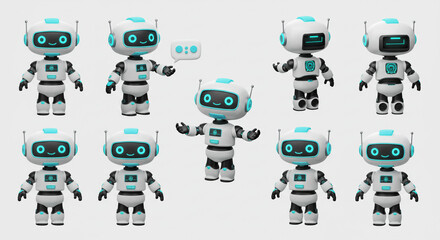 A cheerful, friendly robot showcasing various poses and expressions in a bright, clean, 3D animation style.