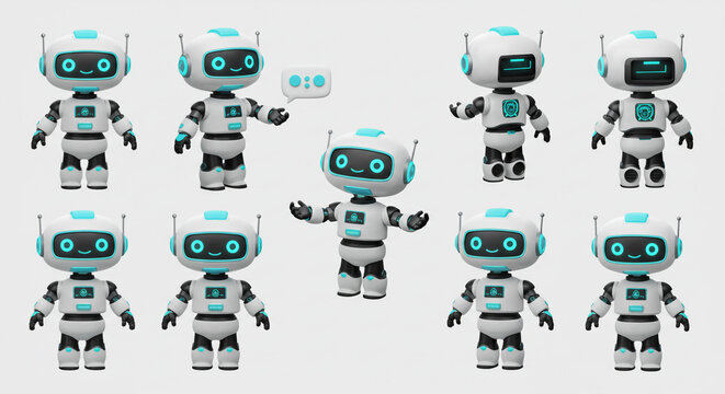 A cheerful, friendly robot showcasing various poses and expressions in a bright, clean, 3D animation style.