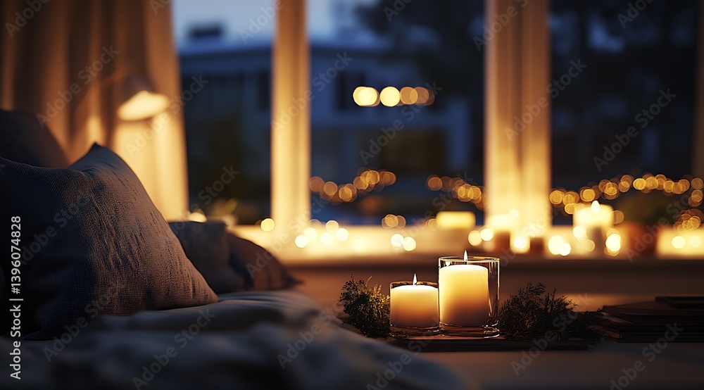 Poster cozy living room alight with warm candle glow and soft textiles creating a relaxing atmosphere : gen