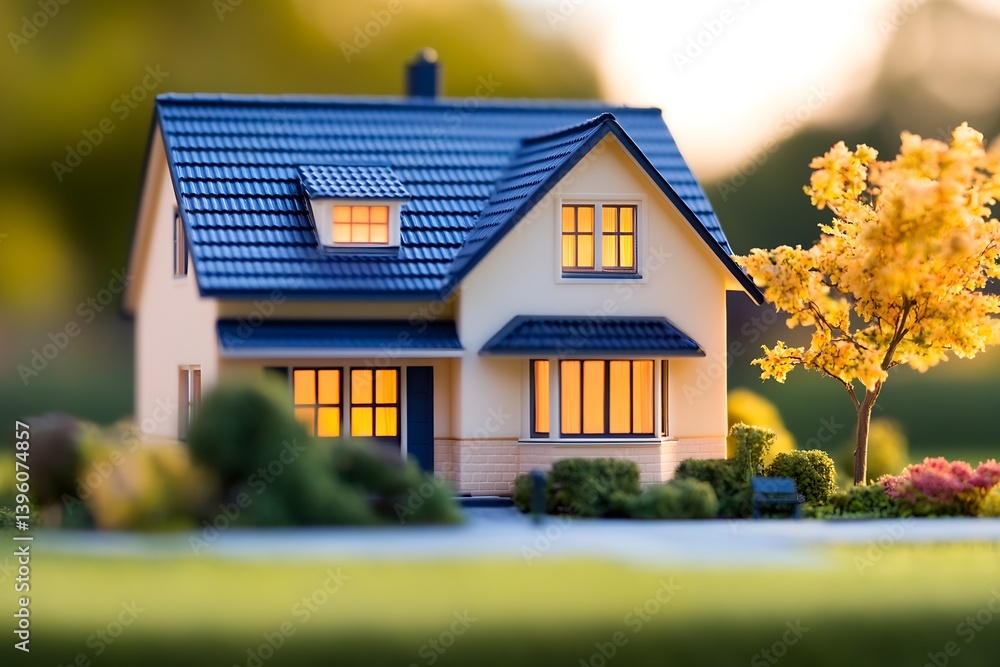 Aufkleber charming little home with soft glowing windows surrounded by vibrant trees and a manicured lawn at s